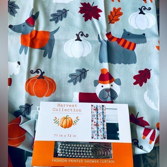 Fall Dogs Leaves Complete Shower Curtain Hooks Set - Picture 1 of 3